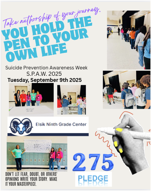 AliefCounseling's tweet image. In honor of Suicide Prevention Awareness Week, our students are holding the pen to their own story. Yesterday, @ElsikNGCRams, 275 students pledged to take authorship of their journey-choosing hope, resilience, and life.💛 #SPAW #SuicidePrevention #AliefStrong