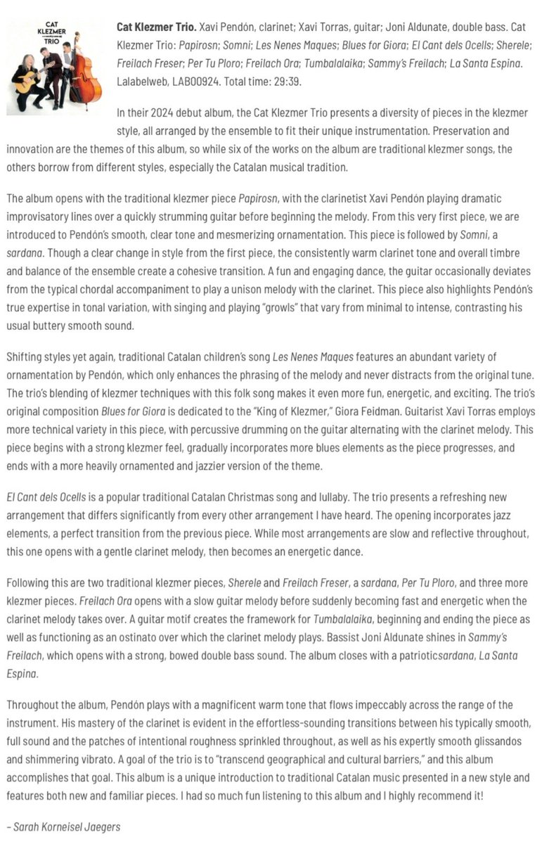 El nostre primer disc ha estat destacat a la secció de ressenyes de setembre de The Clarinet, la revista de la International Clarinet Association. Per Sarah Korneisel. Gràcies!! ✨️
 clarinet.org/audio-reviews-…

#CatKlezmer #Klezmer #WorldMusic #CatKlezmerTrio #NouDisc
