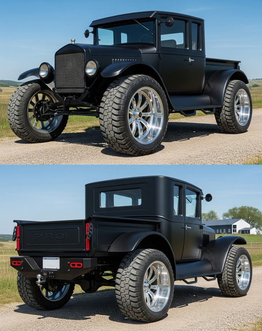 A black vintage truck with large off-road tires and shiny chrome wheels. The truck has a classic design with a boxy cab and an open cargo bed. The vehicle is positioned on a gravel road with a rural background including grass and a house.