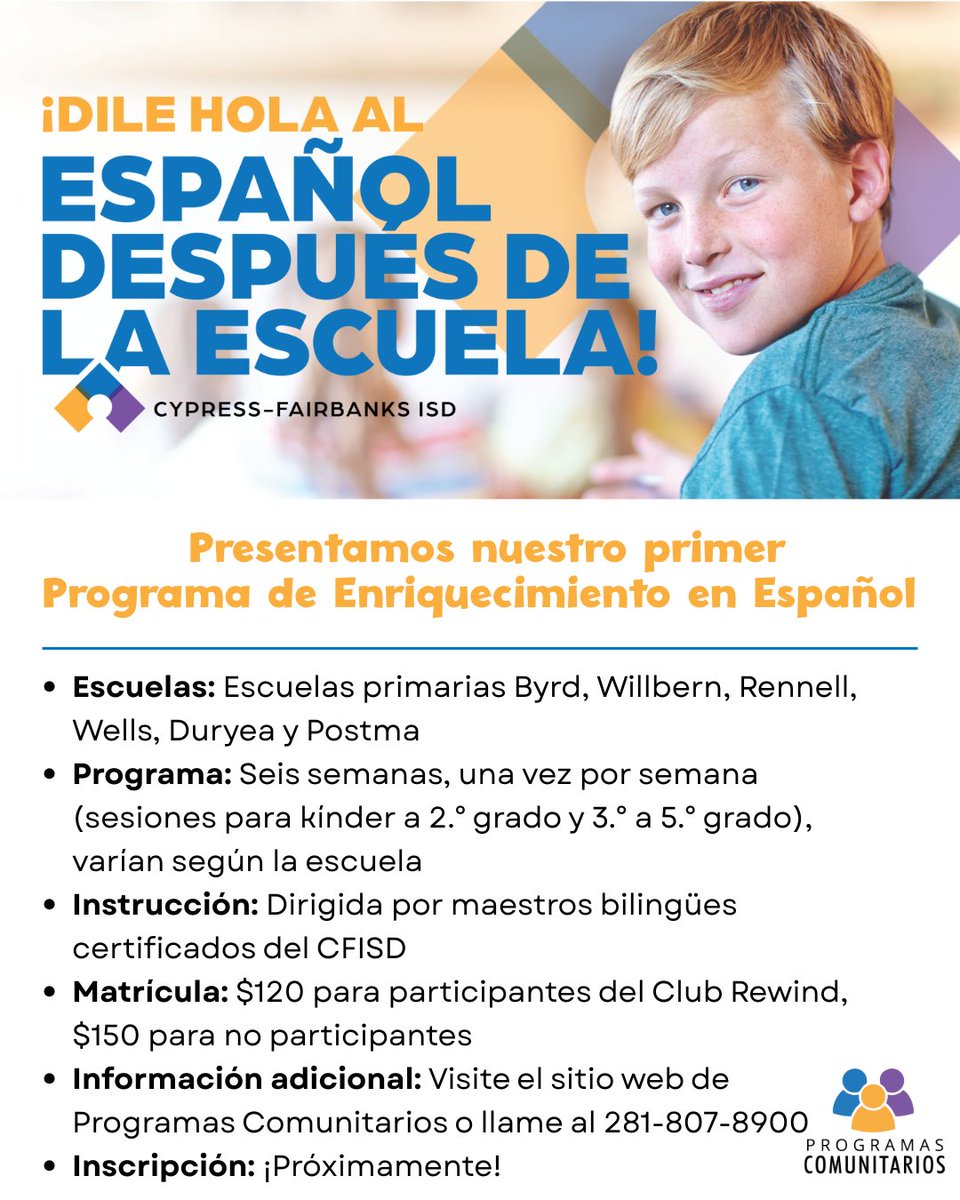 CFISDnoticias's tweet photo. .@CyFairISD ¡El Programa de Enriquecimiento en Español de @CFISDCOMMPROG se pondrá en marcha este otoño en seis escuelas primarias! Los estudiantes podrán aprender Español con maestros bilingües después del horario escolar. Más información: https://t.co/UoWYFBqwjt #EspírituCFISD #EscojaCFISD