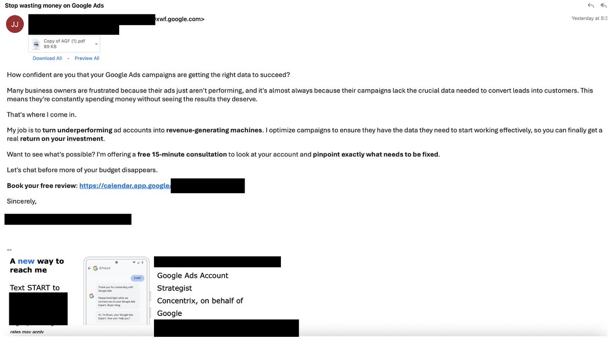 ScottSmigler's tweet image. If Google is letting outside vendors pose as its strategists to contact advertisers, are agency-managed accounts excluded, or are your clients getting these too? Curious what other SEM pros/agencies are seeing #ppcchat #adwords #ppc
