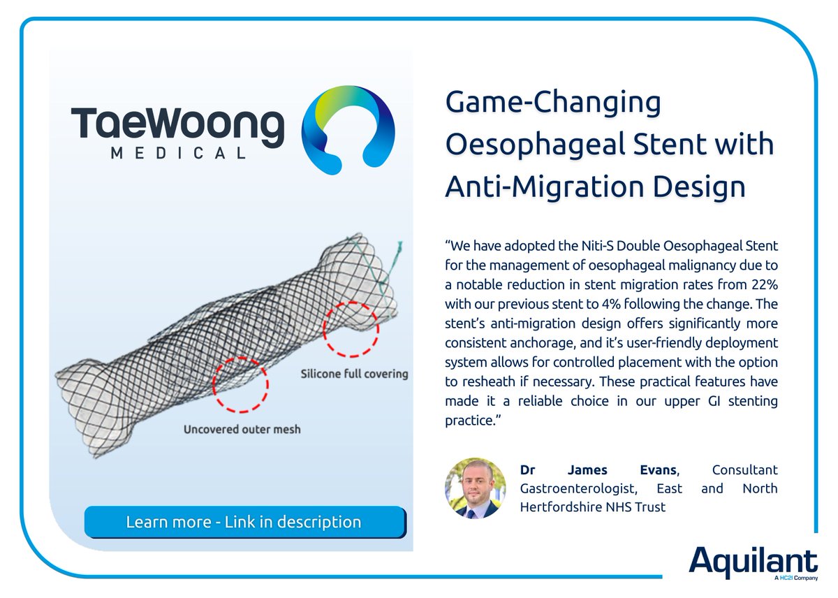 The <a href="/taewoongmedical/">TaeWoong Medical</a>  Niti-S Double #Oesophageal stent is the ONLY fully-covered stent featuring a unique uncovered outer sleeve.
James Evans describes his experience of using the stent and the study can be viewed here: researchgate.net/publication/39…

📞📧Contact us for more information