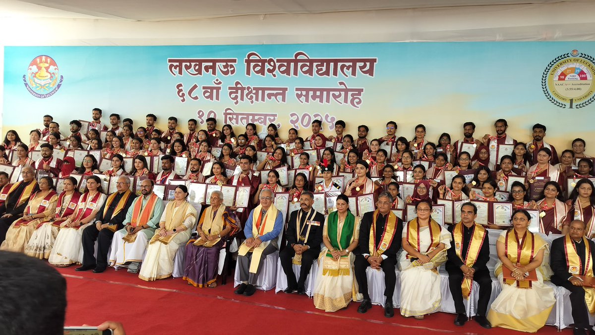 luupdates_'s tweet photo. Lucknow University 68th Convocation Ceremony! 🎓 Governor Anandiben Patel &amp; Higher Education Minister Yogendra Upadhyay congratulate graduates. Over 200 medals distributed, with 80% going to female students. #LUConvocation #EmpoweringFutureLeaders https://t.co/4gmDcTiUfu