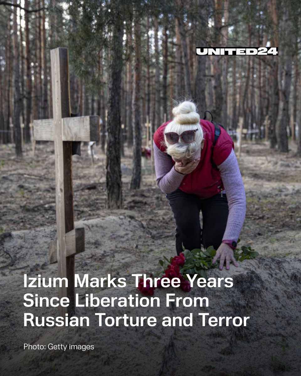 United24media's tweet photo. Three years ago, Ukrainian forces liberated Izium, uncovering a mass grave of over 400 victims of Russian occupation. 

🧵 1/15 https://t.co/DHZZol8wEl