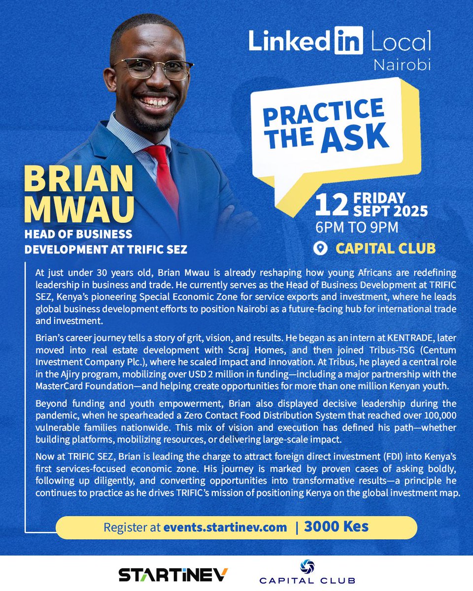 <a href="/brian_mwau/">Mwau Brian</a> Head of Business Development at TRIFIC SEZ, is redefining what leadership looks like for young Africans in trade and investment.

His journey spans mobilizing over USD 2M for youth programs to now leading global business development efforts that position Kenya as a