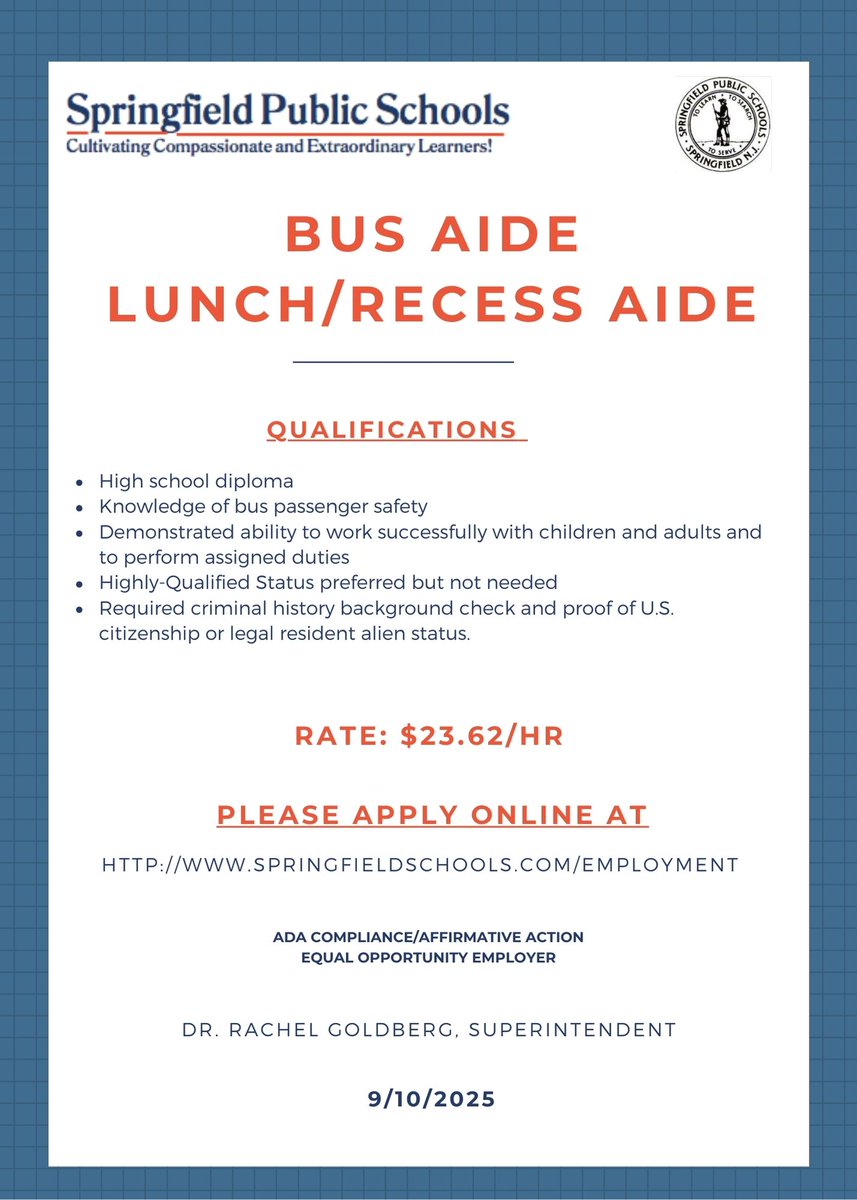 SpringfieldSchs's tweet image. Non-Instructional Aides: Bus Aide/ Lunch/Recess Aide

To Apply: applitrack.com/springfield/on…