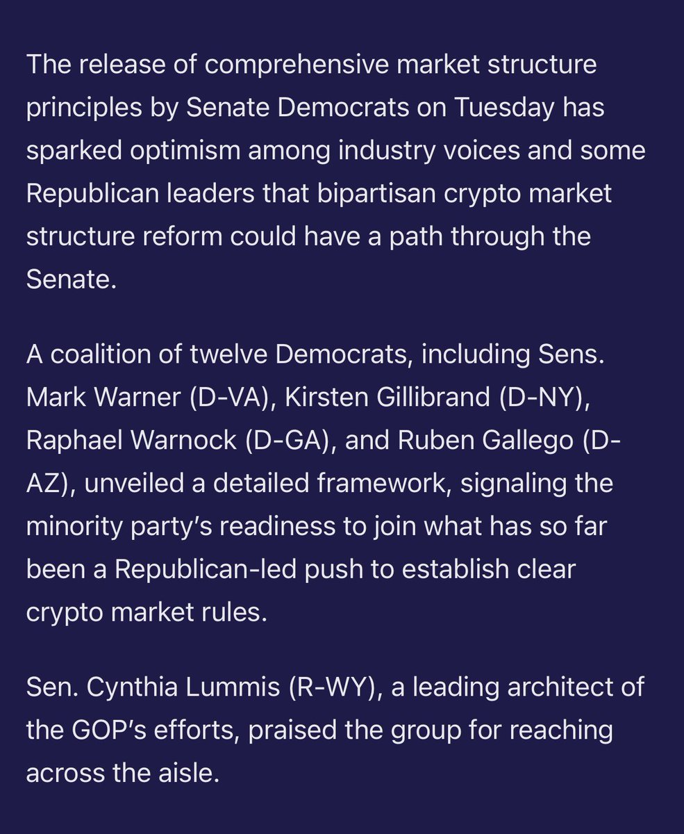 Clarity Act in the Senate🇺🇸 The bill must receive a 60-40 vote to pass  which means it is entirely dependent on enough democrats to sign on.  Remember that the stablecoin bill was