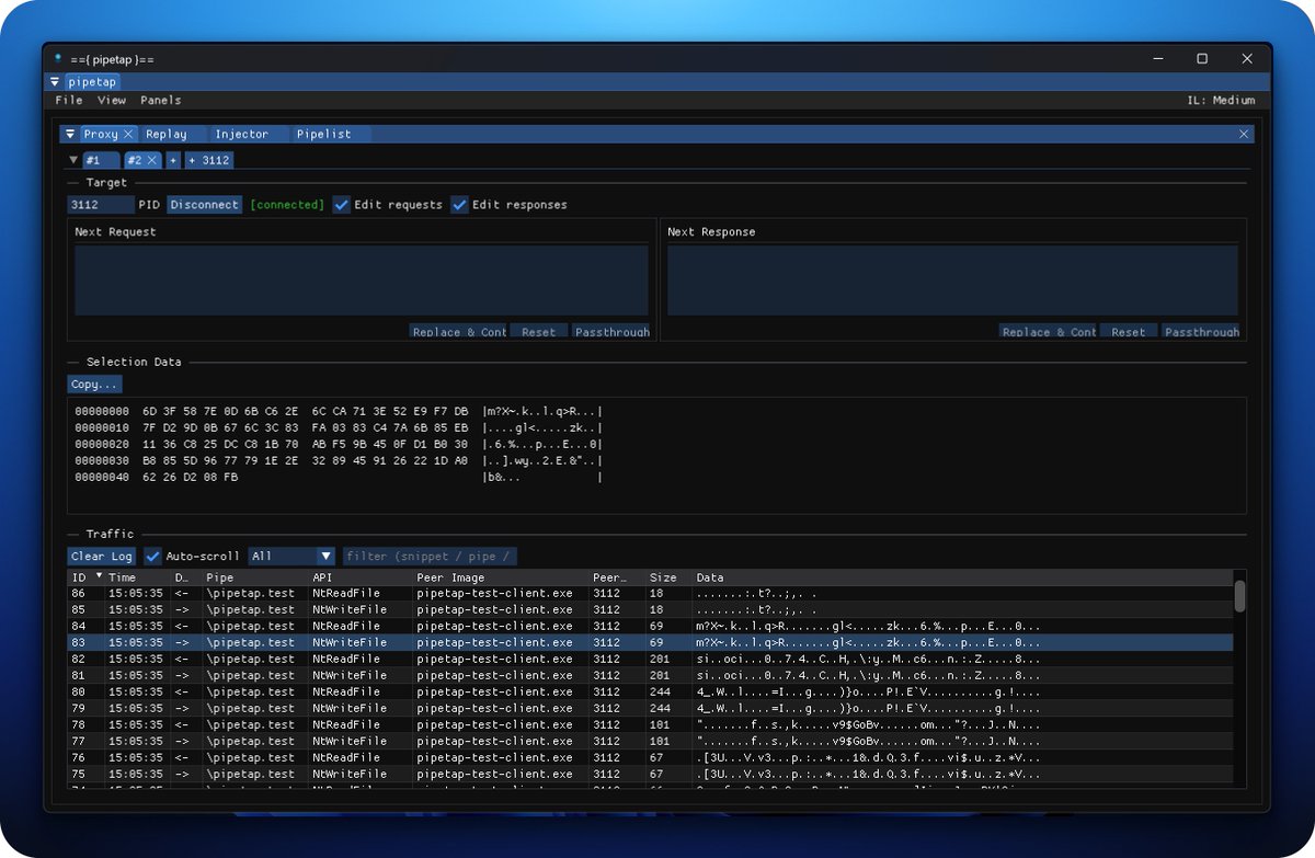 leonjza's tweet image. I've been hacking on a new Windows Named Pipe tool called PipeTap which helps analyse named pipe communications. Born out of necessity while doing some vulnerability research on a target, its been super useful in reversing it's fairly complex protocol. :)