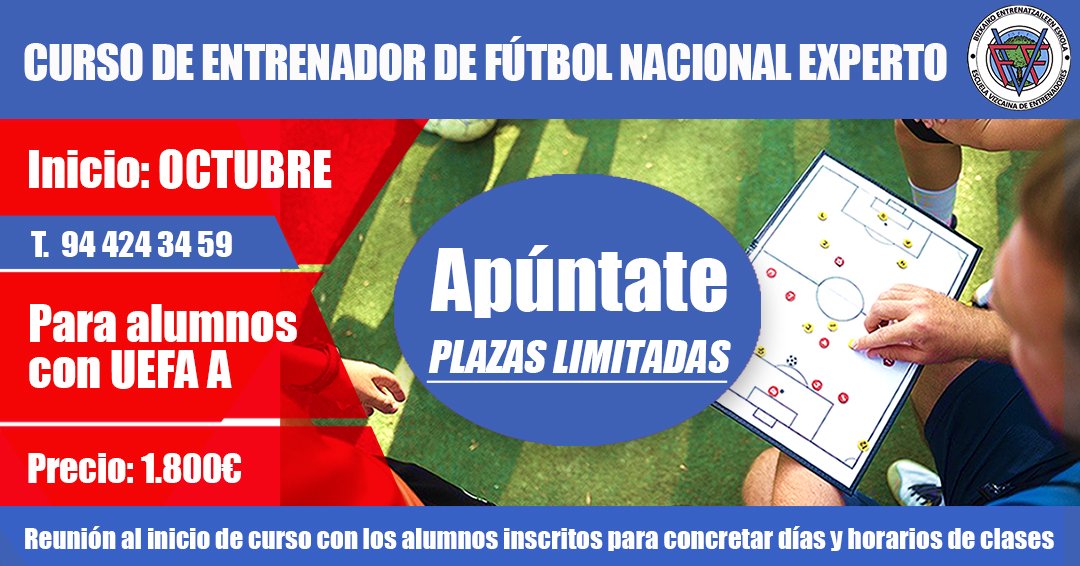 FVFentrenadores's tweet photo. 📚 Ya está ABIERTO el plazo para inscribirse al Curso de Entrenador NACIONAL EXPERTO de FÚTBOL que comenzará en octubre. 

PLAZAS LIMITADAS 

✍️ Horario y días de clases por determinar. 

💰 El precio es de 1.800 euros.

ENLACE directo para inscribirse 👇
https://t.co/QODhKIGpoc https://t.co/vKVdNC6UCd