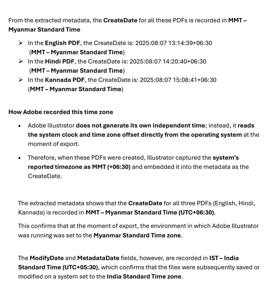 जिसकी एक Summary Table कुछ ऐसी है। जिसमे किस समय क्या हुआ है ये बताया गया है।
इस pdf को adobe  illustrator सॉफ्टवेयर द्वारा बनाया गया है ,जो की इस्तेमाल हो रहे कंप्यूटर का Timezone लेता है। 

Metadata से साफ़ पता चल रहा है जब ये फ़ाइल Export की गई उसका timezone +6:30 MMT है।
