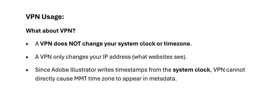 अब आते हैं VPN पे, इन pdfs को बनाने में जो सॉफ़्टवेयर इस्तेमाल हुआ है वो system clock का timezone लेता है और VPN system के Timezone को नहीं चेंज कर सकता।