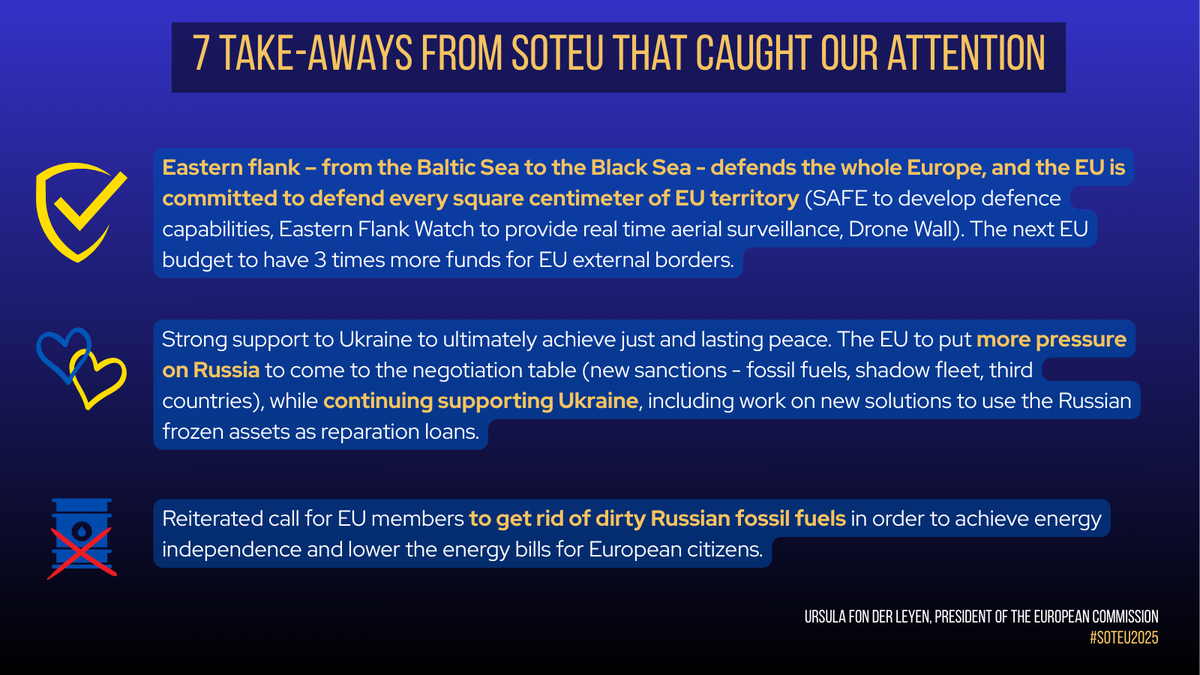 Important address by <a href="/vonderleyen/">Ursula von der Leyen</a> today at <a href="/Europarl_EN/">European Parliament</a> outlining a strategic way forward for the European Union. Here are seven quick take-aways that caught our attention (1/2) #SOTEU2025