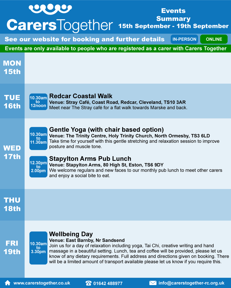 A summary of the events and groups on at Carers Together next week
- beginning 15th September.

For further information and to book onto an event visit our website at carerstogether.co.uk/events/