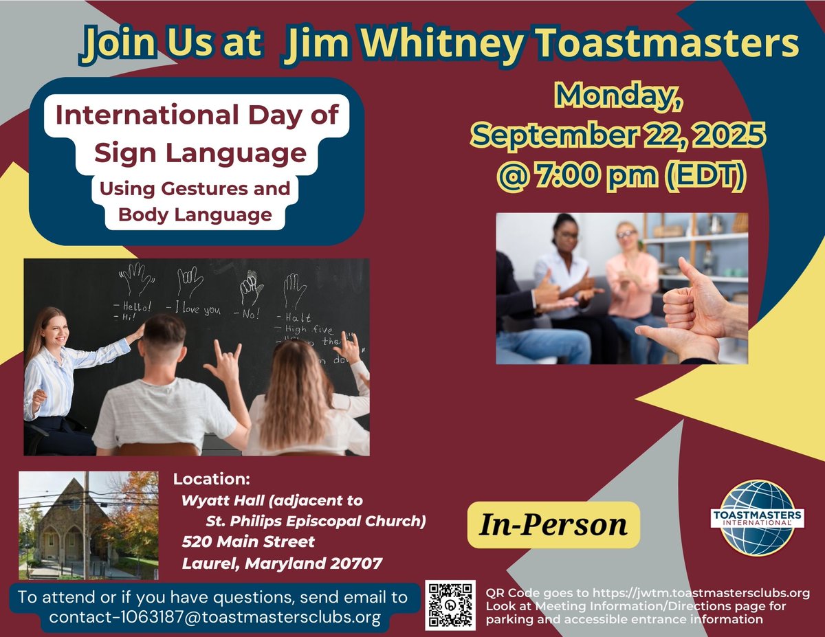 TM_JMERS's tweet image. Communication is 93% non-verbal (tone of voice, body language). Join us to practice these skills on September 22 at 7:00 pm (US-ET) as we commemorate International Day of Sign Language. Questions can be posed to contact-1063187@toastmastersclubs.org.