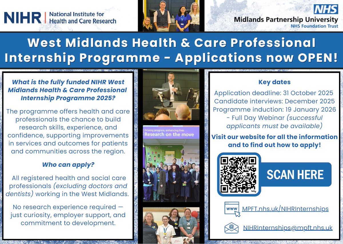 Applications are now open for the prestigious <a href="/NIHRresearch/">National Institute for Health and Care Research</a> West Midlands Health and Care Professional Internship Programme, hosted by <a href="/MPFTResearch/">MPFT NHS Research</a>.

Apply: mpft.nhs.uk/NIHRInternships

A live webinar is also being held on 18 September 2025, 12-1pm.
Register: events.teams.microsoft.com/event/723b6b8f…