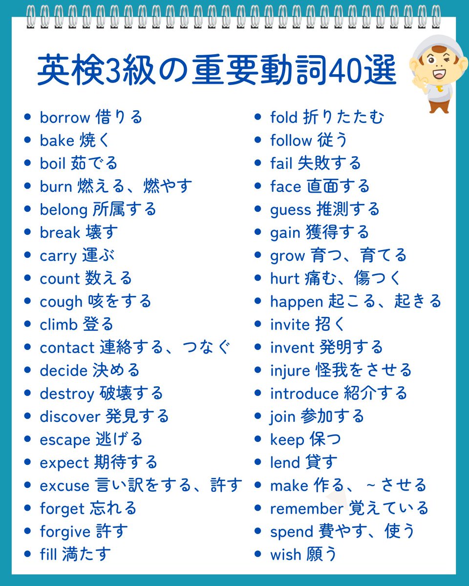 英語を話せるようになりたいならマストで覚えるべき『英検3 級の英単語40選』をまとめました。まずはこれだけ完璧に覚えて 使いこなそう！留学なし独学で英検1級・TOEIC970点とった僕の、大人気の神教材は固定ポストです。