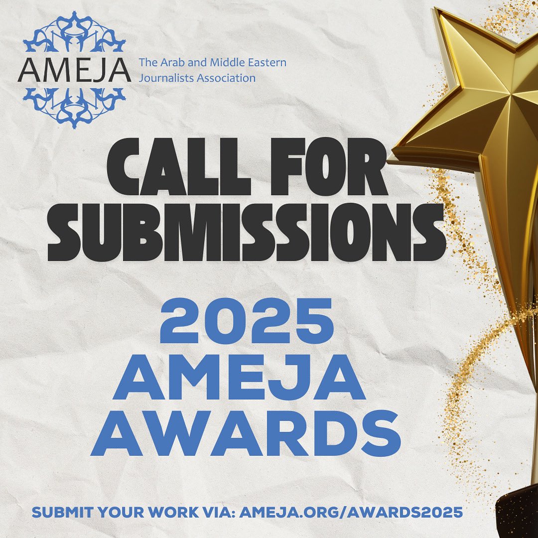 🚨 Submissions are OPEN for the 2025 AMEJA Awards! 🚨

📅 Eligible: Jan 1, 2024 – Aug 31, 2025
🗓️ Submit: Sept 2–30, 2025
💵 $15 (members) / $55 (non-members)

👉 Submit now: ameja.org/awards2025