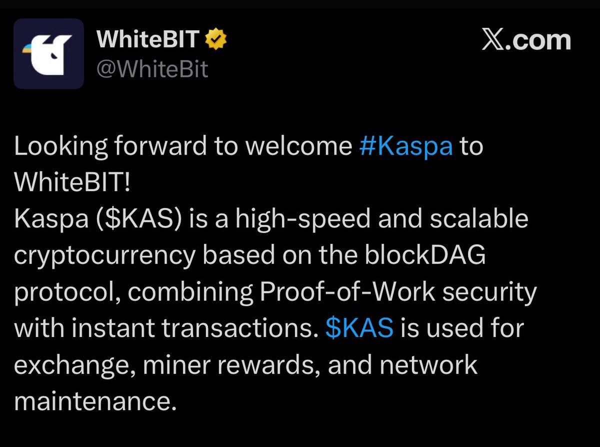 Kaspa is coming to WhiteBIT, the largest crypto exchange in Europe by  traffic. With over 8M users, $5B+ in daily volume, and more than $2.7T  traded annually, @WhiteBit has become a leading