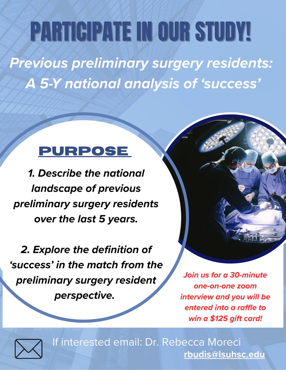md_moreci's tweet image. Were you a preliminary surgery resident between 2019-2024? 
We want to hear from you! 

Join our study, exploring what it means to be a “successful” prelim resident
📆30-min Zoom interview 
💵Chance to win a $125 gift card! 

Email rbudis@lsuhsc.edu to participate!