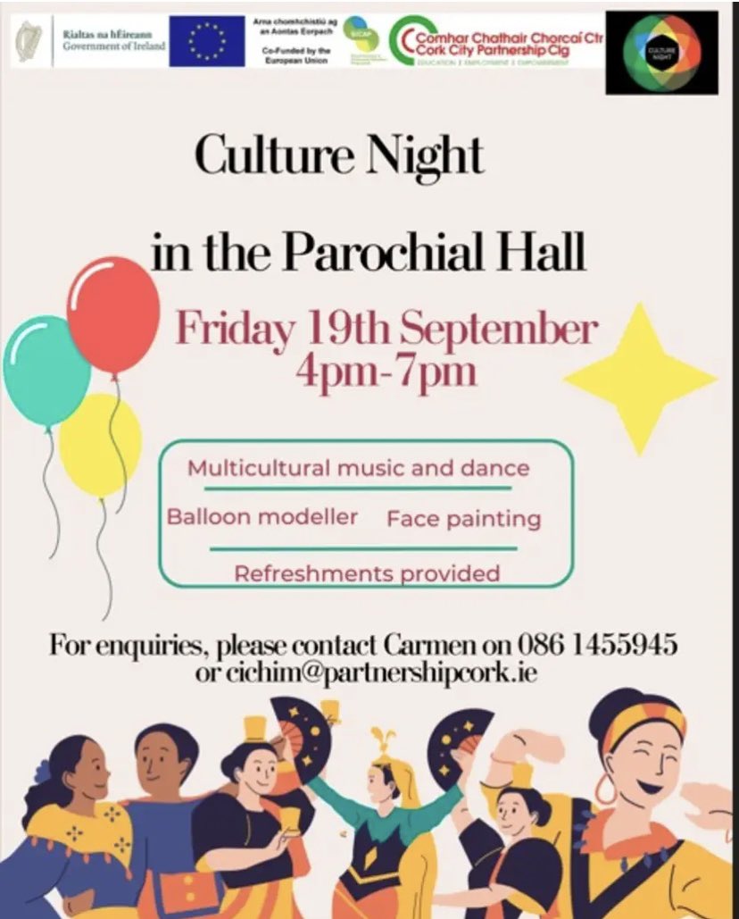 🎉🌍 Join us for Culture Night in Cork!
📅 Friday, Sept 19 | ⏰ 4–7 PM | 📍 Parochial Hall, Churchfield
Enjoy multicultural music, dance, face painting, balloon art &amp; more 🎶💃🎨
The Romanian community will shine at 5 PM with music &amp; folk dance 🇷🇴🇲🇩✨
Free entry &amp; refreshments