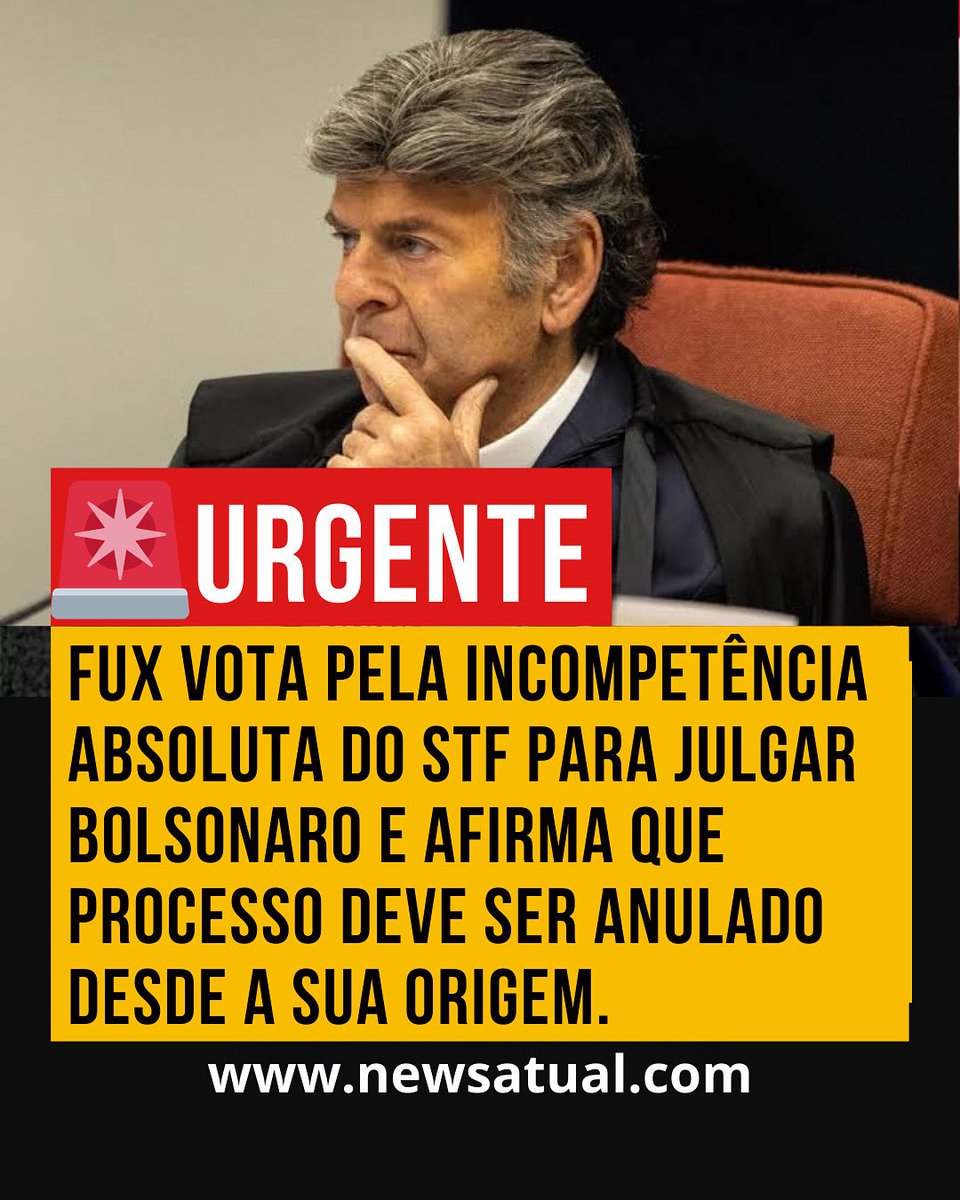 Fux vota pela incompetência absoluta do STF para julgar Bolsonaro e afirma que processo deve ser anulado desde a sua origem. 👉 Você concorda com essa decisão? Comente abaixo!