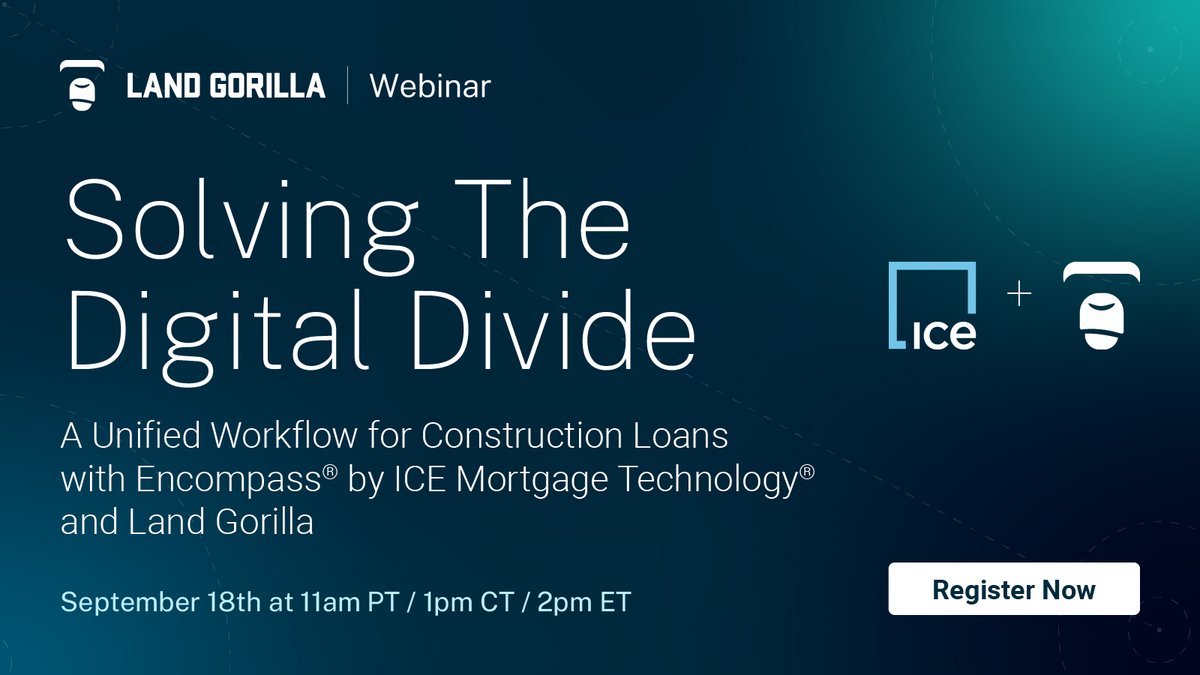 LandGorilla's tweet photo. Fragmented processes and manual tasks aren't just slowing you down—they're creating costly errors and compliance risks for your construction lending business.

Join us for a webinar with guest, ICE Mortgage Technology on 09/18 at 11am PT. Secure your spot! https://t.co/szij9Lq5Co https://t.co/al25JMQD0X