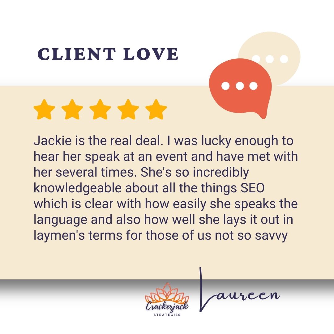CrackerjackStr's tweet image. Thank you, Laureen, for the kind words and support. Helping business owners make sense of SEO (without the jargon) is exactly what fuels us at Crackerjack Strategies. 💡✨

#ClientLove #CrackerjackStrategies #LocalSEO #MapPackMatters