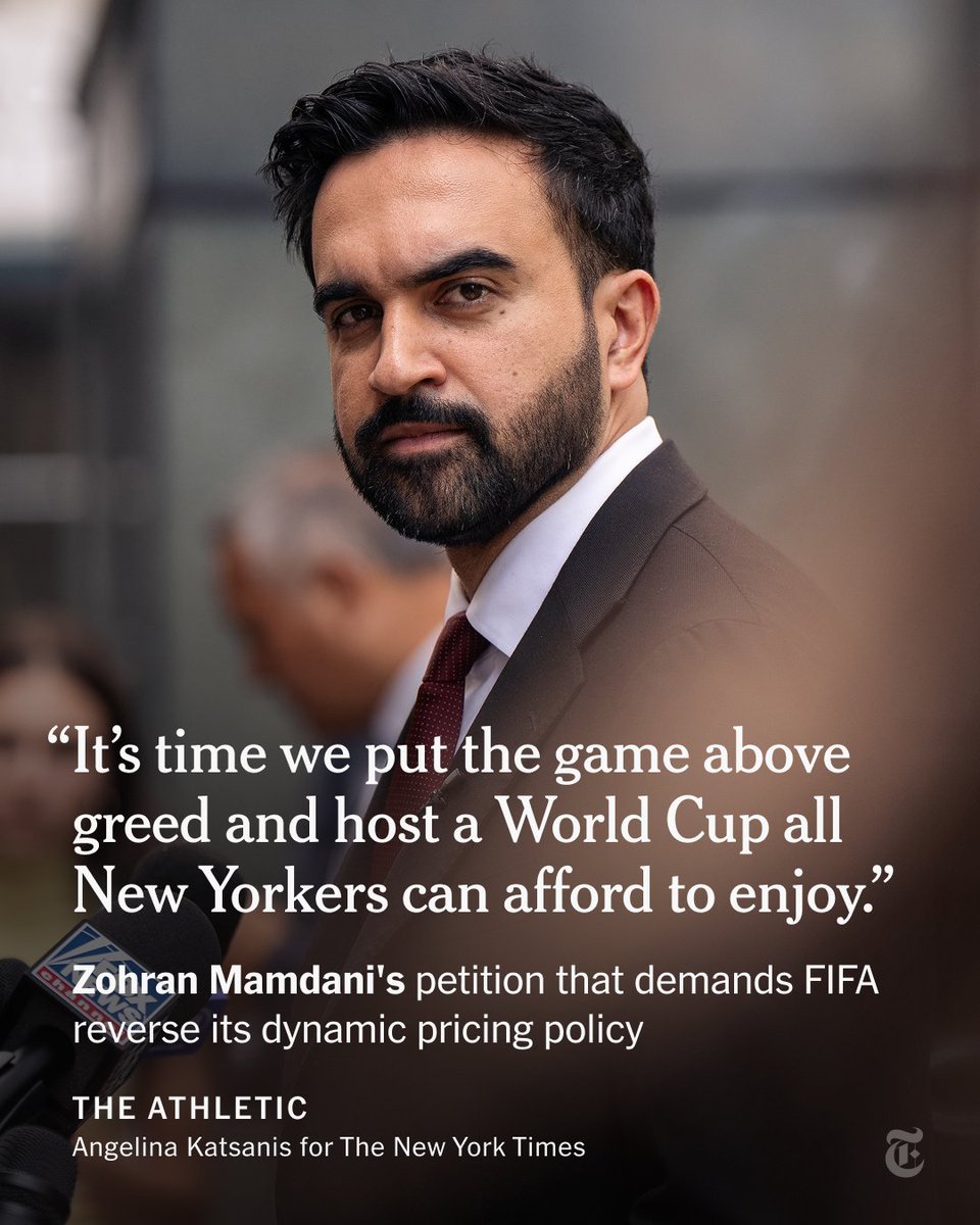 The New York Times (@nytimes) on Twitter photo From <a href="/TheAthletic/">The Athletic</a>: Zohran Mamdani, who is currently leading the race to become mayor of New York City, has launched a “Game Over Greed” petition that calls on FIFA to abandon its plan to use dynamic pricing for the 2026 World Cup. nyti.ms/46fTfBu From <a href="/TheAthletic/">The Athletic</a>: Zohran Mamdani, who is currently leading the race to become mayor of New York City, has launched a “Game Over Greed” petition that calls on FIFA to abandon its plan to use dynamic pricing for the 2026 World Cup. nyti.ms/46fTfBu