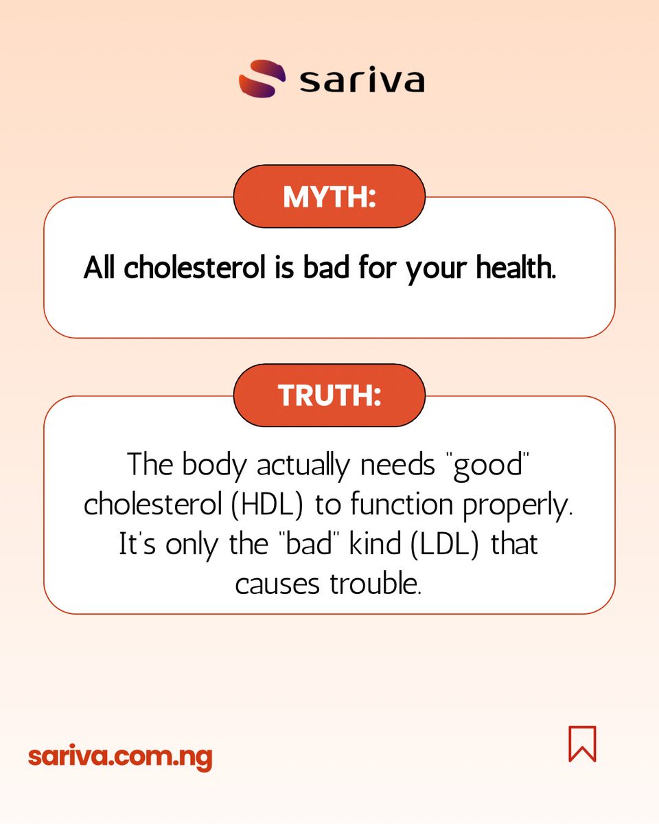 Sariva_Africa's tweet photo. Did you know there’s a good kind of Cholesterol your body can’t live without yet it’s often left out of the story.
Cholesterol isn’t all bad news.
#SarivaHealthcare #MedicalMyths #WellnessTips #MythAndTruth #Medicalfacts https://t.co/npUDmVJGVI