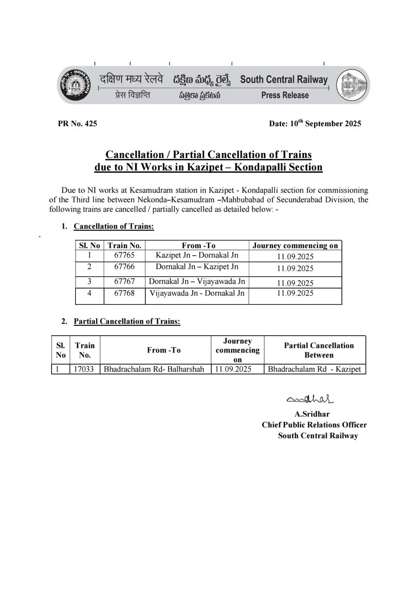 Cancellation / Partial Cancellation of Trains  due to NI Works in #Kazipet – #Kondapalli Section
