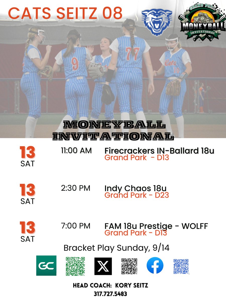 CATS SEITZ 08 are headed to the Moneyball Invitational! 
Come cheer the Cats on as they take the field at Grand Park this Saturday, 9/13. 🥎💙
📍 Saturday Game Schedule:
➡️ 11:00 AM - D13
➡️ 2:30 PM  - D23
➡️ 7:00 PM - D13
🏅 Bracket Play begins Sunday, 9/14