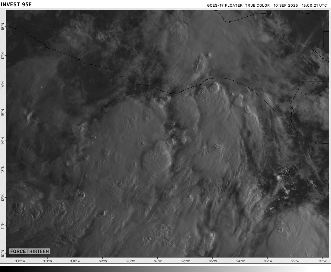 TC_IntlNews's tweet photo. Satellite imagery via Force Thirteen (powered by RealEarth / NOAA) Source: zoom earth for Invest chances | Invest 95E is at 50% in Two days and 90% in 7 days and some parts of Mexico is expected to get rainfall or gets stronger rainfall #WeatherUpdate #Hurricanes #Epac #updates https://t.co/0kKggZ2O9s