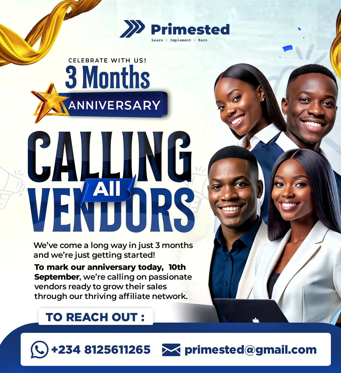 Primestedintl's tweet photo. ✨ Cheers to 3 months of great impact! 🎉

PRIMESTED is growing bigger, better and stronger... our God is faithful 🙌

We are using this medium to call on  all vendors to list their digital products on our thriving affiliate network 🛜 

See flyer for details 

You are welcome! https://t.co/1xhCzbZVXN