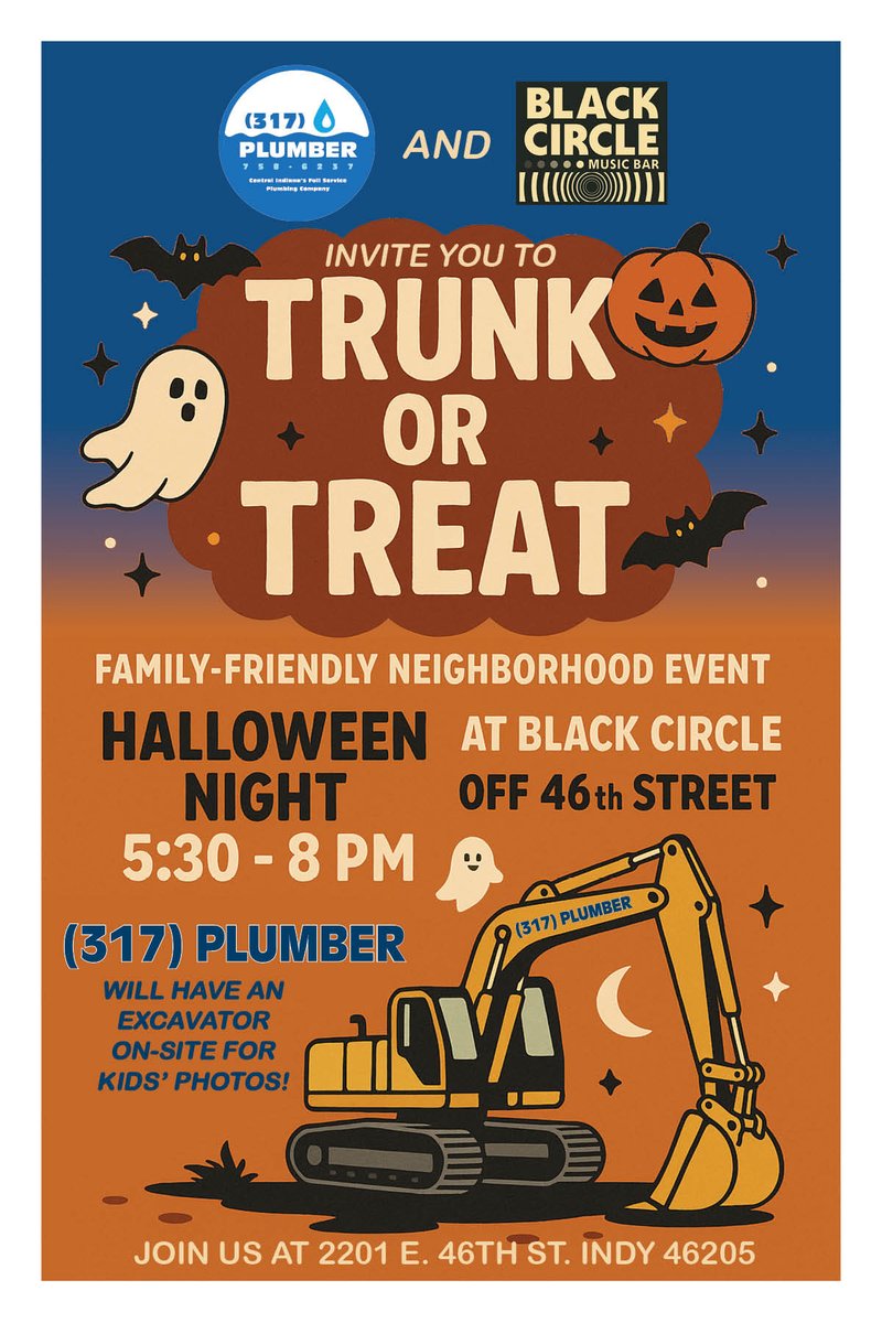 Call317Plumber's tweet photo. 🎃👻 Join us for Trunk or Treat!
🗓 Check the FB event page for details.
🍬 Big thanks to neighboring businesses for decorating trunks &amp; handing out candy.
Costumes, food &amp; fun await! 🎃✨
#TrunkOrTreat #Halloween2025 #317plumber #sobro https://t.co/fXlmvZqMzh