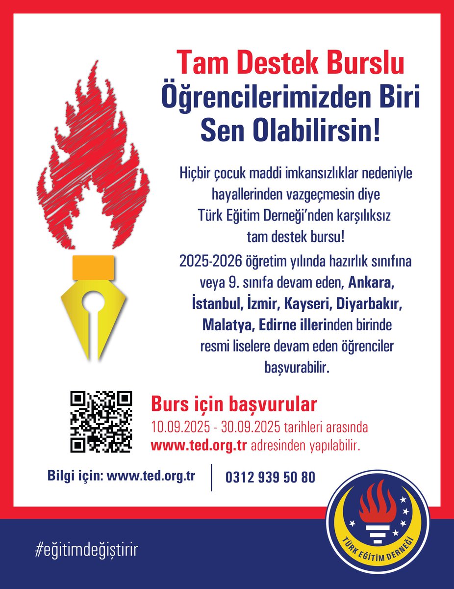 📢 Tam Destek Bursu Başvuruları Başladı!
Türk Eğitim Derneği Tam Destek Bursu ile devlet okullarında eğitim gören yüzlerce öğrencinin hayalleri gerçeğe dönüşüyor.

📌 Başvurular, 10 – 30 Eylül 2025 tarihleri arasında ted.org.tr üzerinden yapılabilir.

🎓 Başvurunu