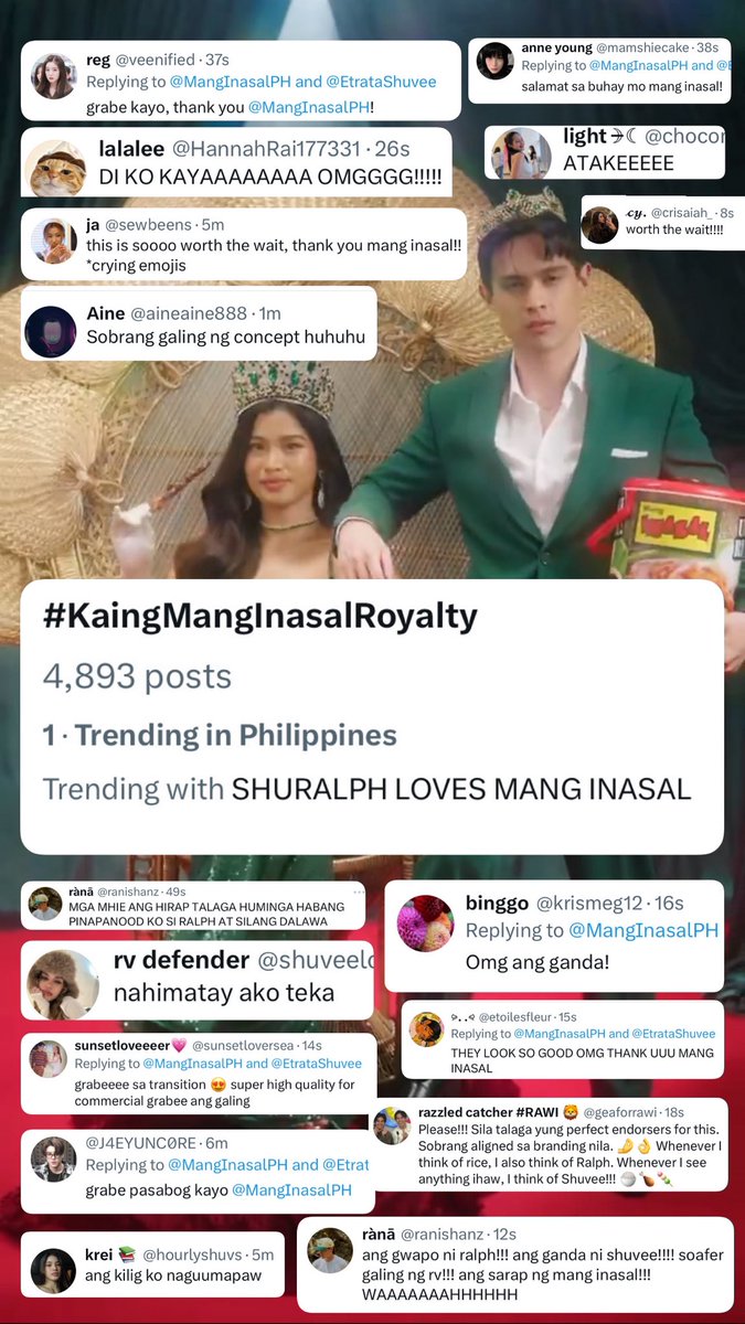 Mang Inasal Philippines (@manginasalph) on Twitter photo We're seeing your #KaingMangInasalRoyalty tweets, Ka-Unli!!💚💛
WE ARE NO.1 because of YOU!!✨ Congratulations to us, <a href="/EtrataShuvee/">Shuvee Etrata</a> <a href="/RalphTeamOFC/">TEAM RALPH OFFICIAL</a> & <a href="/AlejandroHajie/">Hajie Alejandro</a>!!🎉🎉 We're seeing your #KaingMangInasalRoyalty tweets, Ka-Unli!!💚💛
WE ARE NO.1 because of YOU!!✨ Congratulations to us, <a href="/EtrataShuvee/">Shuvee Etrata</a> <a href="/RalphTeamOFC/">TEAM RALPH OFFICIAL</a> & <a href="/AlejandroHajie/">Hajie Alejandro</a>!!🎉🎉