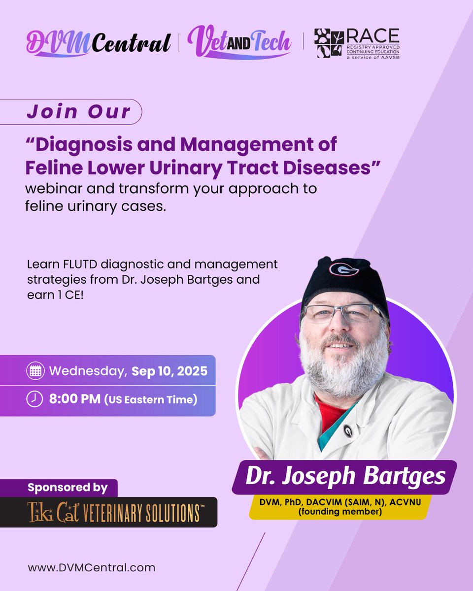 Join Dr. Joe Bartges for our live webinar: Diagnosis and Management of Feline Lower Urinary Tract Diseases 🐱

Wednesday, Sep 10, 2025 | Time: 8:00 PM (US Eastern Time)

Register now: bit.ly/4ga6lEI

#FelineHealth #FLUTD #VeterinaryWebinar #CatCare #VetCE #Vet #TikiCat