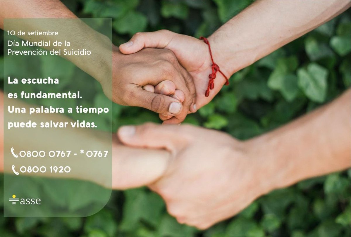 🫂 Hoy se celebra el Día Mundial de la Prevención del Suicidio.

➡️ Recordamos:

📞 Línea de prevención del suicidio: 0800 0767 - *0767

📞 Línea de apoyo emocional: 0800 1920

ℹ️ Ambas son gratuitas, confidenciales y atendidas por profesionales las 24 horas.