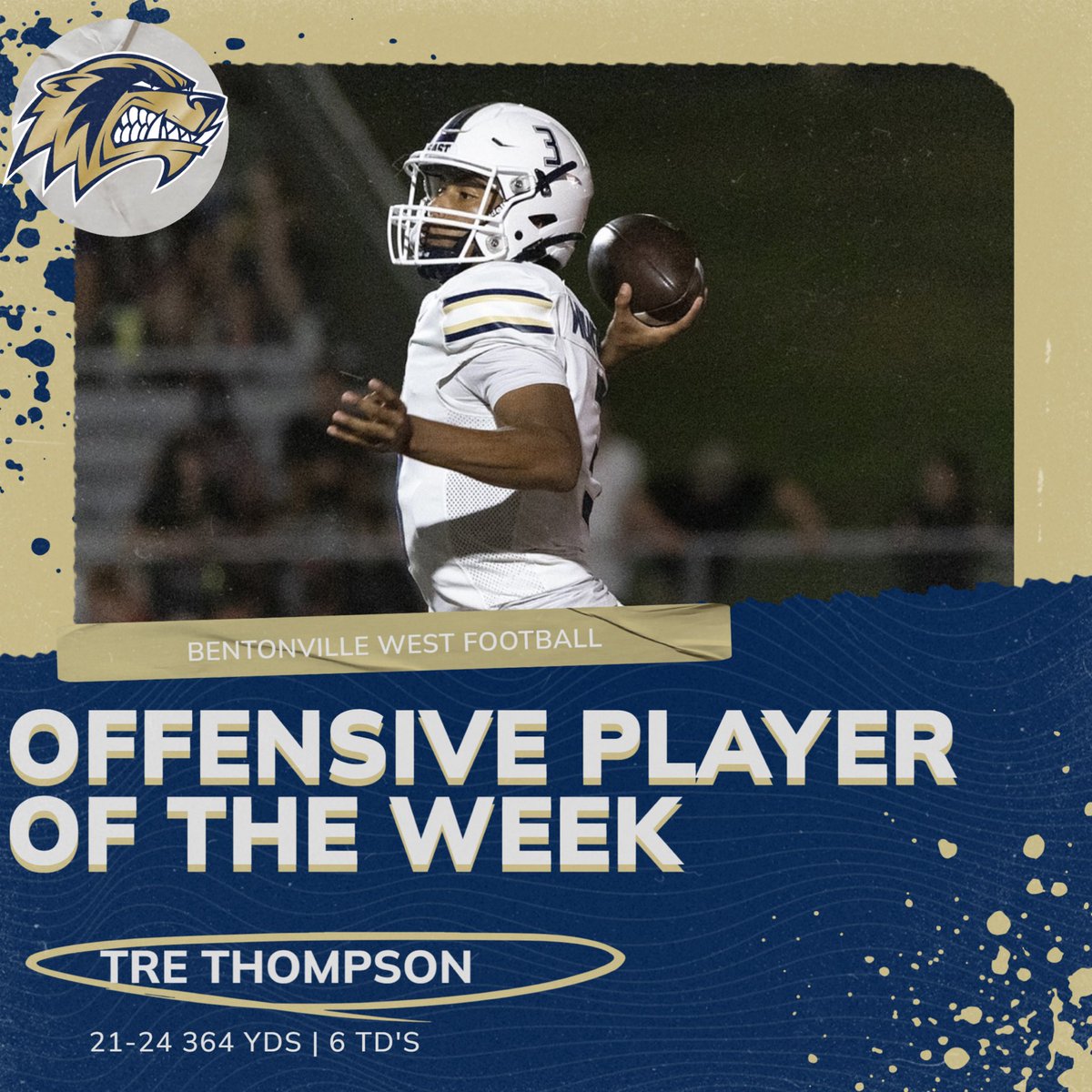 BVille_West_FB's tweet image. Our Offensive POTW was @Tre__Thompson3 Tre’ was 21-24 for 379 yds and 6 TDs in the first half in a victory over Cabot!