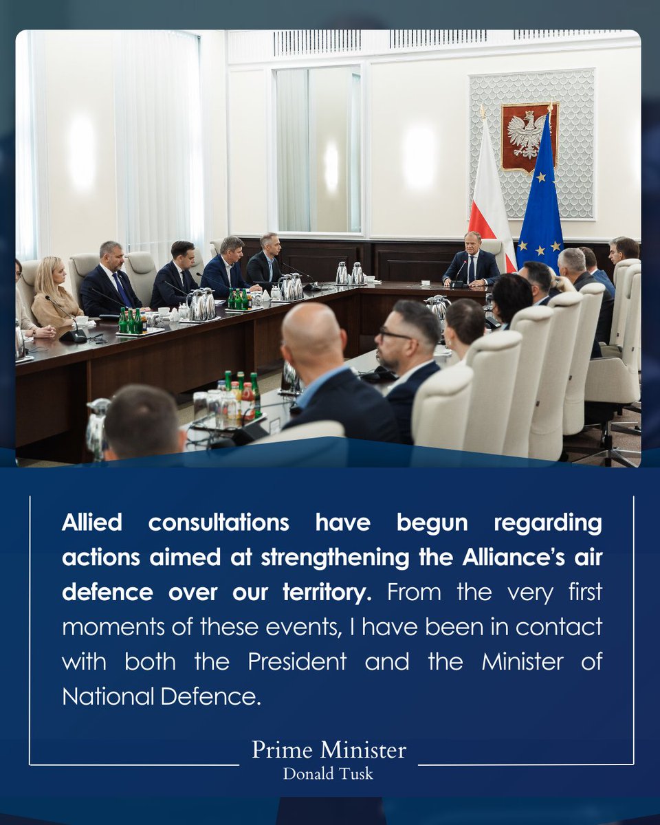 After an unprecedented violation of Polish, EU, and NATO airspace last night by Russian drones, Prime Minister <a href="/donaldtusk/">Donald Tusk</a> convened an extraordinary government meeting today. ⬇️