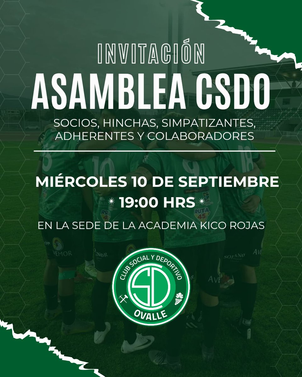 𝐀𝐒𝐀𝐌𝐁𝐋𝐄𝐀 𝐂𝐒𝐃𝐎❗💚
Invitamos a socios, hinchas y simpatizantes a participar en nuestra asamblea general ✍️⚽

🗓 Miércoles 10/09 - 19 hrs
📍 Sede Academia Kico Rojas

¡Tu participación es fundamental, somos el club de la comunidad! 🇳🇬
#CSDOvalle #ElEquipoDeLaGente