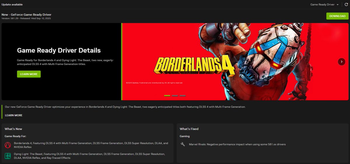 Borderlands 4 GeForce Game Ready Driver is now available to download!