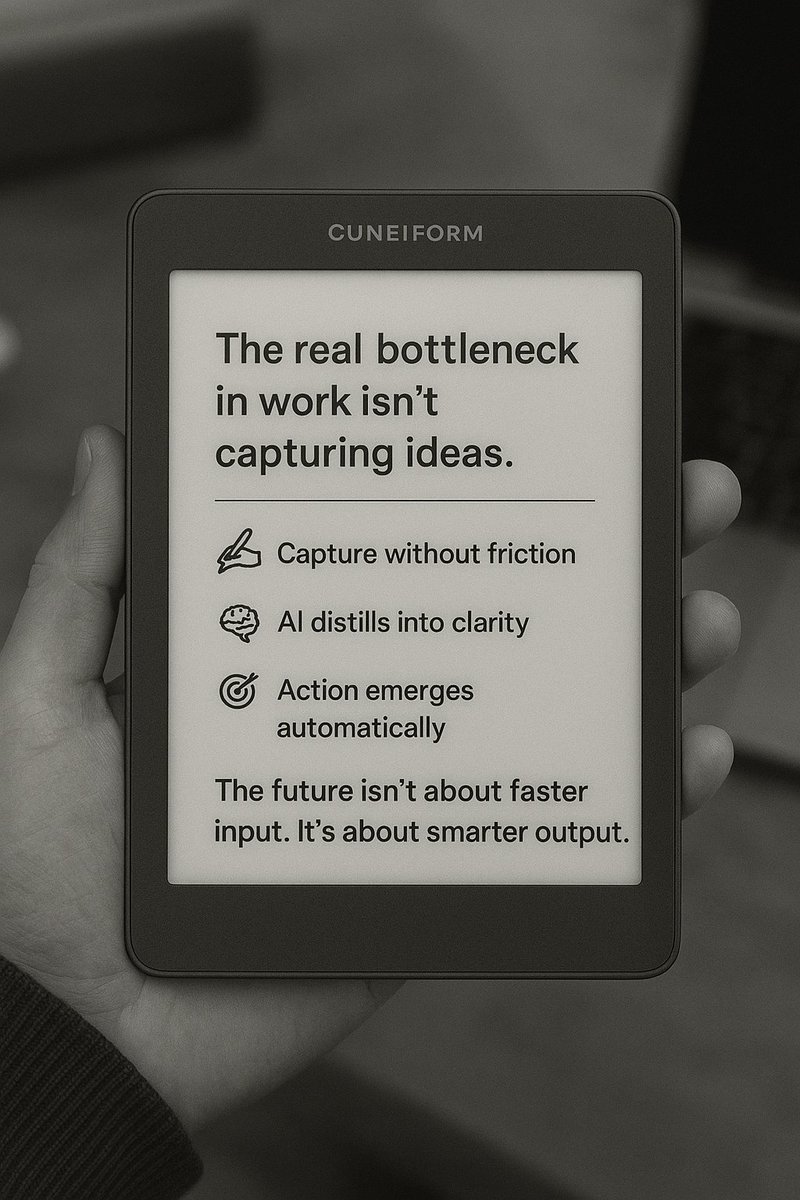 CuneiformAI's tweet image. 💡 The real bottleneck in work isn’t capturing ideas.
It’s transforming them into outcomes.

Cuneiform closes that gap:
✍️ Capture without friction
🧠 AI distills into clarity
🎯 Action emerges automatically

The future isn’t about faster input.
It’s about smarter output.…