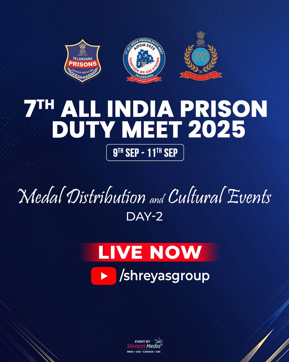 shreyasmedia's tweet photo. #AIPDMMedalDistributionandCulturalEvents Day2 - LIVE NOW
#7thAllIndiaPrisonDutyMeet #AIPDMDay2 https://t.co/nIxFIgSUQG