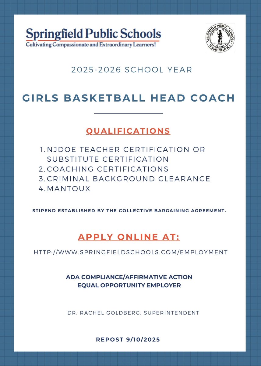 SpringfieldSchs's tweet image. Girls Basketball Head Coach
  
To Apply: applitrack.com/springfield/on…