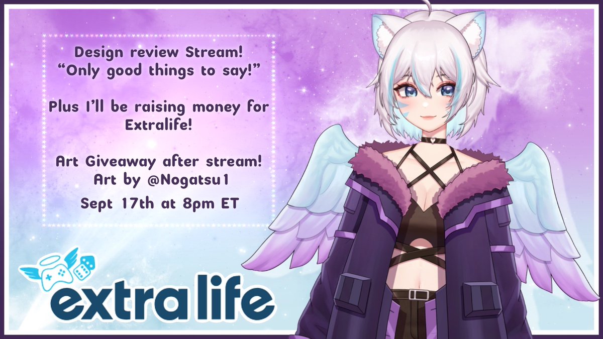 Next week (Sept 17th, 8pm ET) , I, <a href="/ThatDernMoose/">✨🌃🔥Moose @ TWITCHCON prep ¯\_(ツ)_/¯🔥🌃✨</a>, and <a href="/EnzioArgento/">Enzio Argento 🍸 Bartender【Debut Soon?】</a> will be nicely reviewing your designs and raising money for <a href="/ExtraLife4Kids/">Extra Life</a>! Please submit your reference and a little about you.

One lucky winner who enters the review will win a waist-up by <a href="/Nogatsu1/">GATSU | COMM CLOSED</a>!