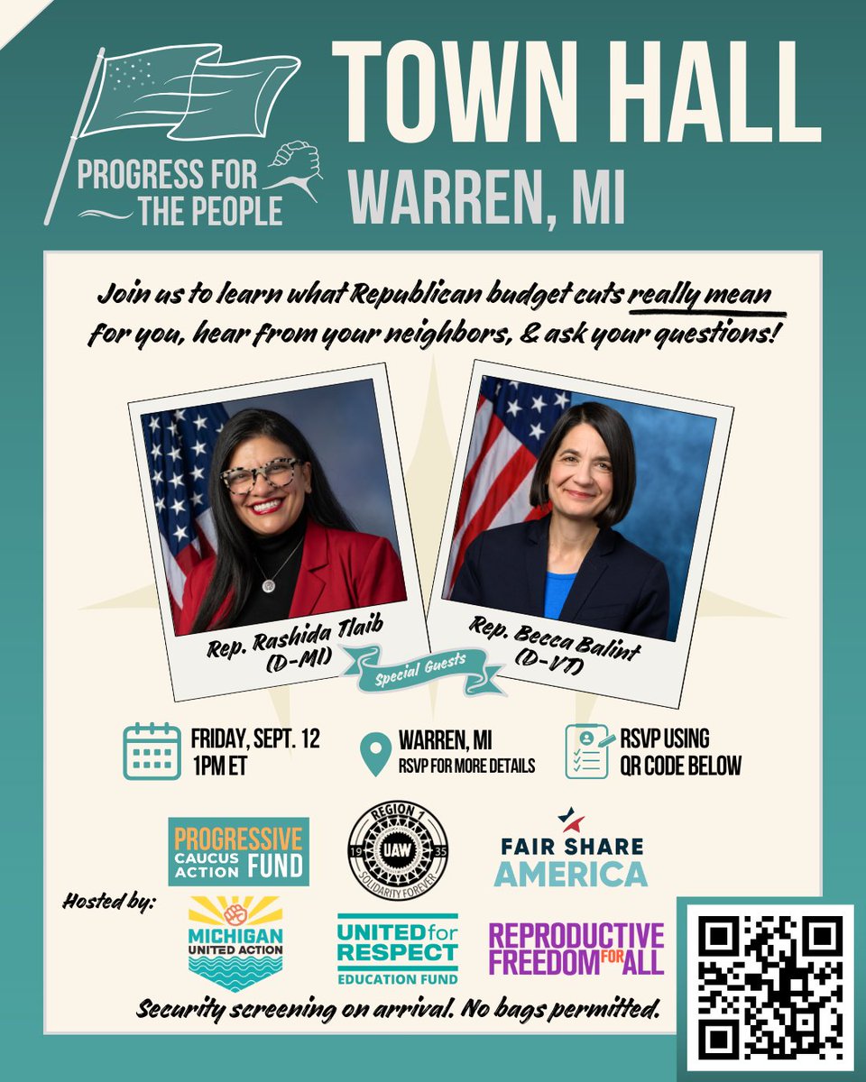WeAct4progress's tweet image. 📣 Warren, MI: Join @WeAct4Progress, @MIUnitedAction, @FairShare_USA, @UAW, @reproforall, @forrespect + special guests @RepRashida &amp;amp; @RepBeccaB for the next stop in the Progress for the People Town Hall!

🗓 Sept 12 | 1 PM
👉 RSVP:
mobilize.us/mipeoplecampai…

#ProgressForThePeople