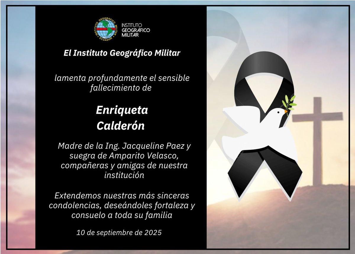 #NotaDePesar  | El <a href="/IGM_Ecuador/">Instituto Geográfico Militar</a> lamenta  esta irreparable pérdida y expresa sus más sinceras condolencias a su familia y amigos, los acompañamos en este difícil momento.