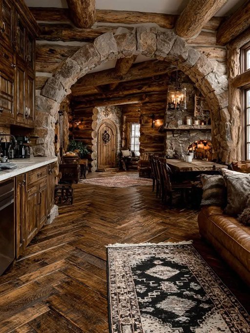 A rustic kitchen with wooden cabinets and countertops. A stone archway leads to a dining area with a wooden table and chairs. The floor features herringbone-patterned wood, and a leather couch with pillows is visible. A patterned rug lies on the floor, and a chandelier hangs above the dining area.