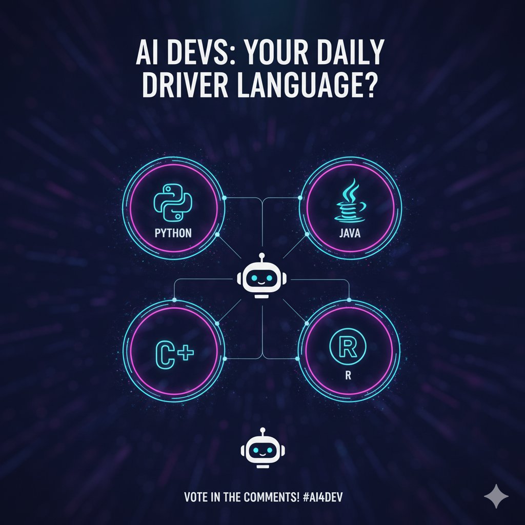 AISoftwareDevv's tweet image. "Quick poll for AI devs! If you had to pick one programming language as your daily driver for AI projects, which would it be? 🤔 #Python #Java #Cplusplus #RStats #AIPoll #DevCommunity"
